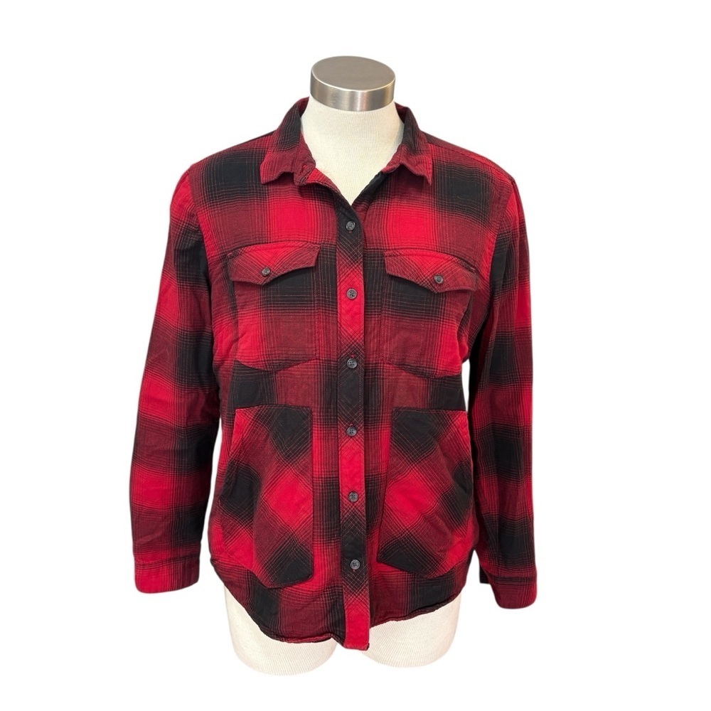 Eddie Bauer Womens Shirt Shacket Red Black Button Up Sherpa Lined Plaid Sz. L